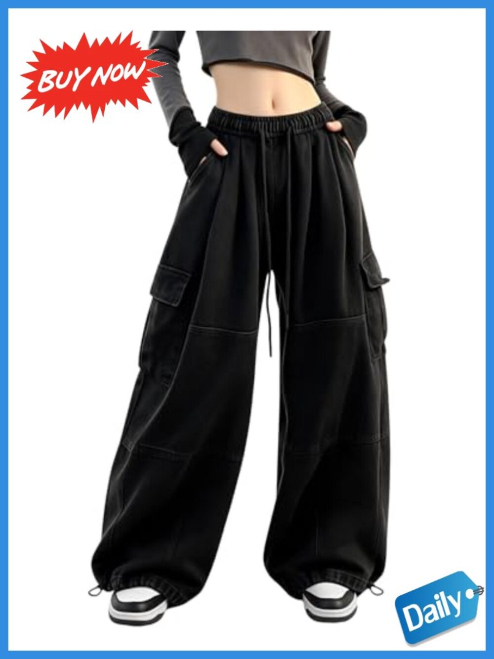 Baggy Cargo Sweatpants Wide Leg Drawstring Cotton Polyester